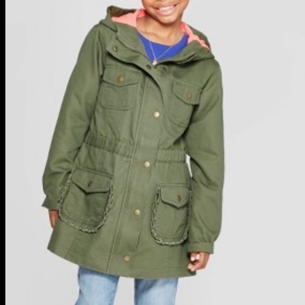Girls' Twill Parka Jacket - Cat & Jack Green Hoodie Ruffle Full Zipper Size M
